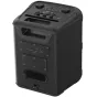 Panasonic SC-BMAX5E-K 75W portable party speaker featuring a control panel with knobs, buttons, and an LED display, built-in handle, and various input/output ports including AUX IN, AUX OUT, USB, optical input, and microphone/gu