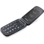 Panasonic KX-TU550EXC 4G VoLTE flip telefons ar 2,8 collu ekrānu un atvērtu tastatūru, redzams taktilais navigācijas taustiņš un ārkārtas zvana poga aizmugurē