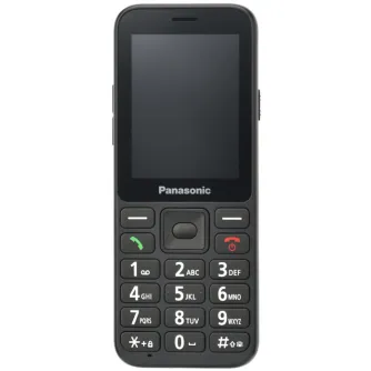 Panasonic KX-TU250EXB black mobile phone with numeric keypad and 2.4-inch display, designed for compatibility with wireless lavalier microphones.