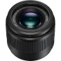 Panasonic Lumix G 25mm f/1.7 ASPH. objekta priekšējais skats, izceļot objektīva elementus, asu diafragmu un 46mm filtru vītni Micro Four Thirds kamerām