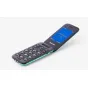 Panasonic KX-TU400EXC green flip phone with large keypad and SOS button, opened to show bright 2.4-inch TFT LCD display and user-friendly menu options