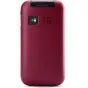 Back view of a red Panasonic KX-TU400EXR cordless phone featuring an SOS button and speaker grille.