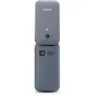 Gray Panasonic KX-TU400EXG rugged phone, rear and bottom view featuring a camera, flash, speaker grille, and charging port.