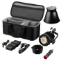 BRESSER BR-135RGB 135W COB LED monolight kit with reflector, softbox diffuser, power adapter, tripod mount, and protective cap in open transport case