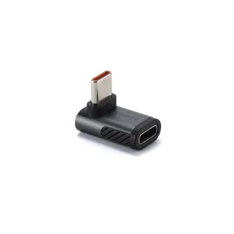 Tilta Khronos 90-degree USB-C adapter in space gray, featuring a metal male connector and female port, designed for efficient data transfer and power delivery.