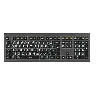 LogicKeyboard XLPrint ASTRA 2 Mac keyboard with high-contrast white-on-black large-print key legends, full-size layout, scissor-switch keys, integrated USB 3.0 hub, and multiple function keys for enhanced accessibility and produ