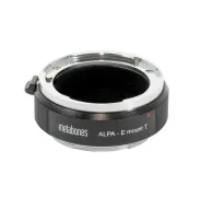 Metabones ALPA to E-mount T adapter in black matte finish featuring precision-machined design, chrome-plated internal edges, and textured outer surface, with engraved brand and model details.Metabones ALPA to E-mount T adapter in black matte finish featuring precision-machined design, chrome-plated internal edges, and textured outer surface, with engraved brand and model details.