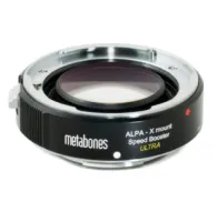 Metabones ALPA to Fuji X-mount Speed Booster ULTRA 0.71x adapter featuring a high-precision optical element and an Arca-compatible tripod foot.Metabones ALPA to Fuji X-mount Speed Booster ULTRA 0.71x adapter featuring a high-precision optical element and an Arca-compatible tripod foot.