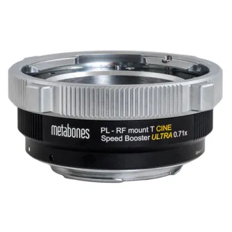 Metabones PL uz Canon RF montāžas T Cine ātruma palielinātājs ULTRA 0.71x ar precīzu alumīnija un bronzas konstrukciju, ar teksturētu rokturi un noņemamu Arca tipa statīva kāju.