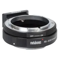 Адаптер Metabones для Canon FD на Canon RF с отъемной Arca-стойкой, черно-серебристый металлический корпус, виден переключатель ВКЛ/ВЫКЛАдаптер Metabones для Canon FD на Canon RF с отъемной Arca-стойкой, черно-серебристый металлический корпус, виден переключатель ВКЛ/ВЫКЛ
