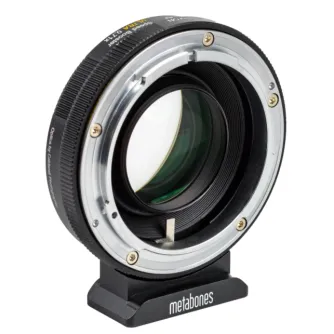 Metabones Canon FD to Fujifilm X-Mount Speed Booster ULTRA 0.71x adapter with detachable Arca-type tripod foot, showcasing front lens element and premium brass construction