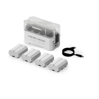 Tilta NP-FZ100 Charging Station Battery Kit with four NP-FZ100 batteries, compact 4-channel USB-C charging station, and USB-C cable, off-white color, designed for Sony camera power needs.