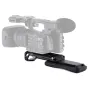 Tilta TA-ESB-B Extendable Shoulder Pad Baseplate with camcorder, featuring adjustable articulated shoulder pad and Manfrotto quick release plate for professional handheld shooting