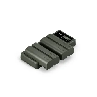 Tilta L-Series NP-F Battery Charger Kit with two NP-F550 batteries, dual-channel charger featuring USB-C and Micro-USB inputs, and an LCD display showing charging status for both channels.