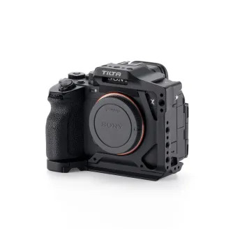 Tilta half camera cage for Sony Alpha 7 V in black with modular accessory mounts and cold shoe receivers