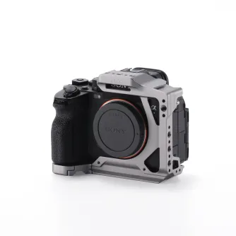 Tilta Half Camera Cage for Sony Alpha 7 V in Titanium Gray - side view with Arca-Swiss baseplate and cold shoe mount