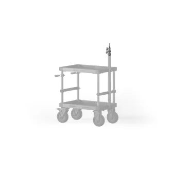 Tilta Heavy Duty Baby Pin Stends uz Boulder Camera Cart TC-HBS-S, ar izturīgu alumīnija rāmi un regulējamu augstumu profesionālai lietošanai filmu ražošanā.