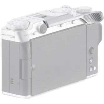 Tilta silver aluminum thumb bracket for Fujifilm X-M5 camera, mounted on hot shoe for ergonomic grip and stability during handheld shooting