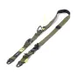 Tilta Fe multi-functional shoulder strap in green and black with adjustable carabiners and a yellow drawstring lock system, showcasing its design and attachment points.