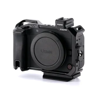 Tilta Full Camera Cage for Canon R50 V - black side view featuring cold shoe mount and ARCA-Swiss compatible plate