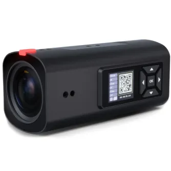 Камера TelyCam Vision+ 4KZ BK с оптическим зумом 20X и поддержкой стриминга NDI HX3, вид спереди слева с объективом и панелью управления со встроенным экраном