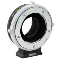 Metabones CY to Canon RF Speed Booster ULTRA 0.71x CINE adapter with Arca-type tripod foot, side view showing positive-lock mechanism and durable aluminum constructionMetabones CY to Canon RF Speed Booster ULTRA 0.71x CINE adapter with Arca-type tripod foot, side view showing positive-lock mechanism and durable aluminum construction