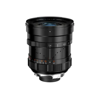 Thypoch DZO Simera 21mm f/1.4 black lens for Leica M mount with attached hood, highlighting the aperture and focus rings
