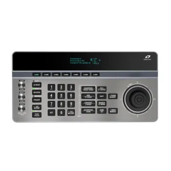 TelyCam V-Joy+ AT Silver PTZ controller front panel with OLED display, 4D joystick, and multi-camera control buttons for professional live streaming and broadcasting