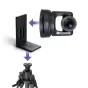 TelyCam Explore Series PTZ camera with vertical mount bracket for 9:16 portrait video recording, featuring tripod attachment and 90-degree rotation capability