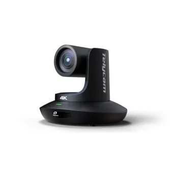 TelyCam Vision+ 4KN 12X PTZ camera with 4K60 output and auto-tracking, featuring a sleek black design and professional broadcast lens for high-quality video production.