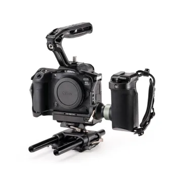 Tilta camera cage with cooling system for Canon R5 Mark II, featuring a side handle with battery pack, top handle, and adjustable baseplate for professional video rig setup.