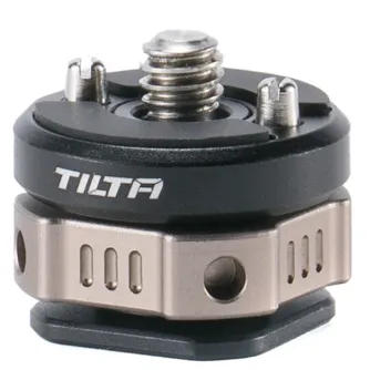 Tilta TA-PMB5-CS-B Cold Shoe Adapter - lightweight black aluminum connector with dual locating pins for secure attachment, featuring a spring-loaded cold shoe foot for camera compatibility