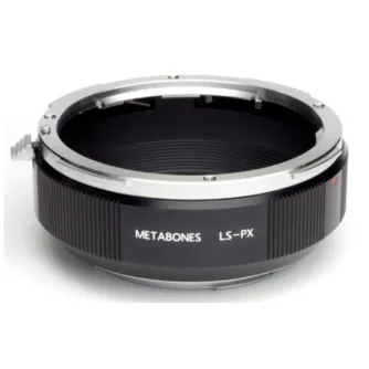 Metabones LS-PX adapter for Leica S to Pentax 67 lenses with electronic aperture control, front view showing precision brass construction and satin finish