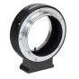 Metabones Minolta MD to Canon RF adapter with detachable Arca-type tripod foot, brass construction, chrome finish, and flocked interior to reduce flare