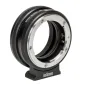 Metabones Nikon F to Canon RF adapter black matte side view with precision aperture control ring and Arca-Swiss compatible tripod foot