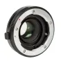 Metabones Devil Q666 0.50x ātruma palielinātājs Pentax K-mount objektīviem uz Q-mount kamerām - priekšējais skats, kas parāda iekšējās optikas elementus un metāla konstrukciju ar teksturētu satvērienu un sarkano izlīdzināšanas p