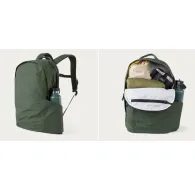 Moment Everything 17L olive daypack with weatherproof zippers, open view showing camera and laptop compartments, ideal for travel and photographyMoment Everything 17L olive daypack with weatherproof zippers, open view showing camera and laptop compartments, ideal for travel and photography