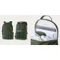 Рюкзак Moment Everything Backpack 17L оливкового цвета с водоотталкивающими молниями, открытый вид показывает полстерный отсек для ноутбука и совместимость с кубом для камеры