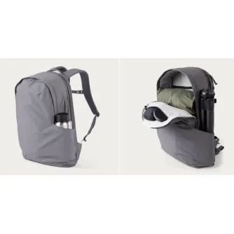 Moment Everything 28L Weekender mugursoma pelēkā krāsā ar ātrpieejamu priekšējo kabatu ūdens pudelei un plašu atveramu iekšpusi, piemērotu ceļojumiem un fotogrāfijas aprīkojumam.