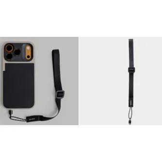Moment black adjustable wrist strap with QuickLink connector attached to smartphone camera case, featuring durable nylon webbing and aluminum buckles for secure phone carrying