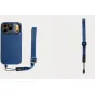 Moment Mobile Adjustable Wrist Strap in Indigo color with QuickLink connector attached to a camera case, featuring durable aluminum buckles and universal paracord anchors for secure, adjustable phone carrying.