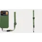 Moment Mobile Adjustable Wrist Strap in olive green with QuickLink connector attached to a phone case, featuring an adjustable aluminum buckle and universal paracord anchor.