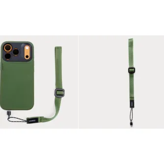 Moment Mobile Adjustable Wrist Strap in olive green with QuickLink connector attached to a phone case, featuring an adjustable aluminum buckle and universal paracord anchor.