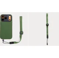 Moment Mobile Adjustable Wrist Strap in olive green with QuickLink connector attached to a phone case, featuring an adjustable aluminum buckle and universal paracord anchor.Moment Mobile Adjustable Wrist Strap in olive green with QuickLink connector attached to a phone case, featuring an adjustable aluminum buckle and universal paracord anchor.