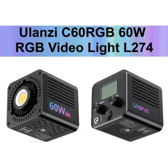 Видеосвет Ulanzi C60RGB 60W с RGB LED COB, вид спереди и сбоку с панелью управления, сенсорным экраном и совместимостью с мини-креплением Bowens