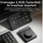 Ulanzi D100H Dial Creative Controller with customizable RGB keypad and haptic rotary dial, used on a desk with a keyboard and laptop, highlighting wireless Bluetooth 5.0 connectivity and seamless software integration for video a