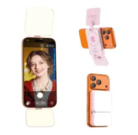 Ulanzi GL01 Sakura Pink magnetic fill light with dual LED panels attached to a smartphone, providing adjustable brightness and color temperature for even facial illumination during vlogging and streaming.Ulanzi GL01 Sakura Pink magnetic fill light with dual LED panels attached to a smartphone, providing adjustable brightness and color temperature for even facial illumination during vlogging and streaming.