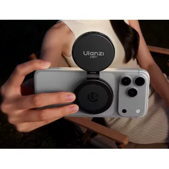Ulanzi LM21 Magnetic Fill Light attached to a smartphone, featuring adjustable color temperature and a compact design for mobile photography.