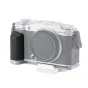 Fujifilm X-M5 camera with Tilta L-shaped walnut grip baseplate for stable handling and tripod/gimbal mounting