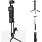 Ulanzi MA66 magnētiskais statīvs DJI Pocket 3 kamerai ar ļoti vieglu 75g dizainu, attēlots pilnībā saliktā stāvoklī ar kameras piestiprinājumu un dažādiem uzņemšanas režīmiem